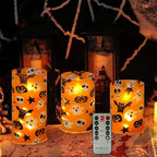 Flickering Flameless Candles Halloween Pumpkin Ghost Print, Embedded Star String Lights, Battery Operated Acrylic LED Pillar Candles with 11-Key Remote and Timer for Home Decoration, 3 Pack
