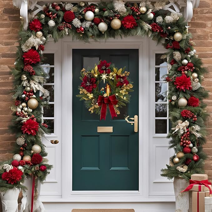 22 Inch Pre-Lit Artificial Christmas Wreath with Red Artificial Poinsettia Flowers Jesus Figurine Nativity Scene Glitter Ball Ornaments PineCones Golden Berries for Christmas Decor Front Door
