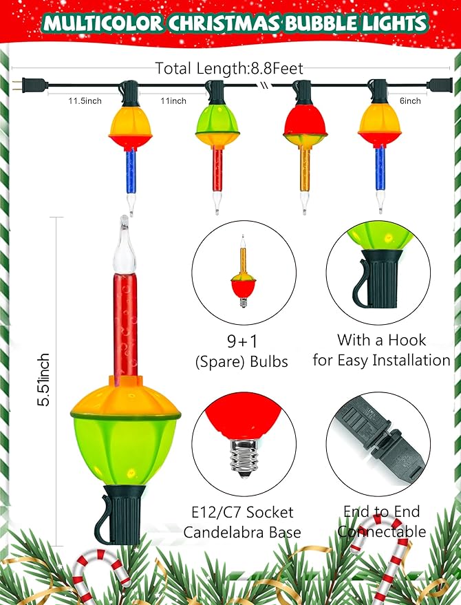 8.8Ft Christmas Multicolor Bubble Lights, Vintage Outdoor Christmas String Lights with 9 Multicolor Bubble Fluids Bulbs, Fairy Lights for Xmas Tree Outdoor Bedroom Porch House Fall Party Decor