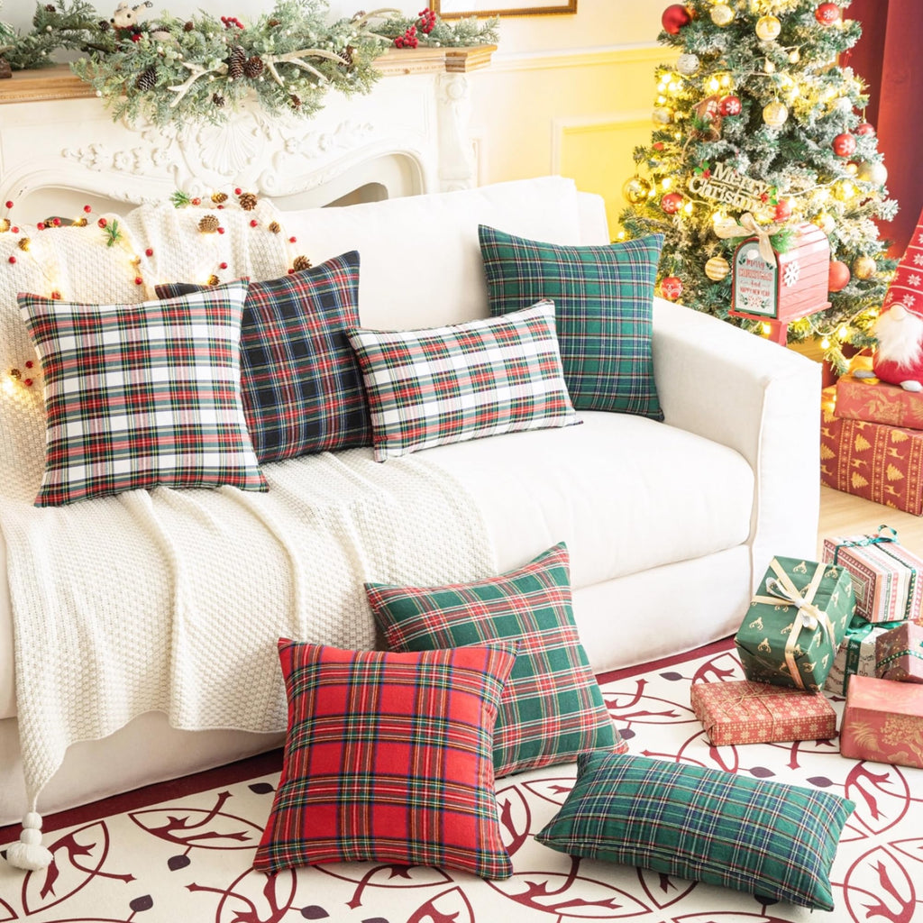 AQOTHES Pack of 2 Christmas Plaid Decorative Throw Pillow Covers Scottish Tartan Cushion Case for Farmhouse Home Holiday Decor Red and White, 24 x 24 Inches