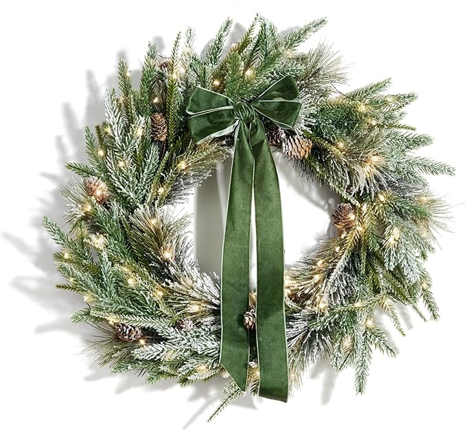 LampLust Cypress Christmas Wreath with Lights, 22 Inch Wreath with 100 Battery Operated LED Lights and Velvet Bow, Winter Wreaths for Front Door Christmas Decorations Holiday Decor