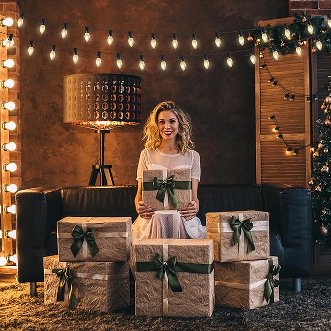 25Ft C7 LED Christmas string Lights, C7 Outdoor Frosted White String Lights with 27 LED Frosted Bulbs, Hanging Vintage Christmas Lights for Christmas Backyard Carnival Patio Wedding Holiday Decoration