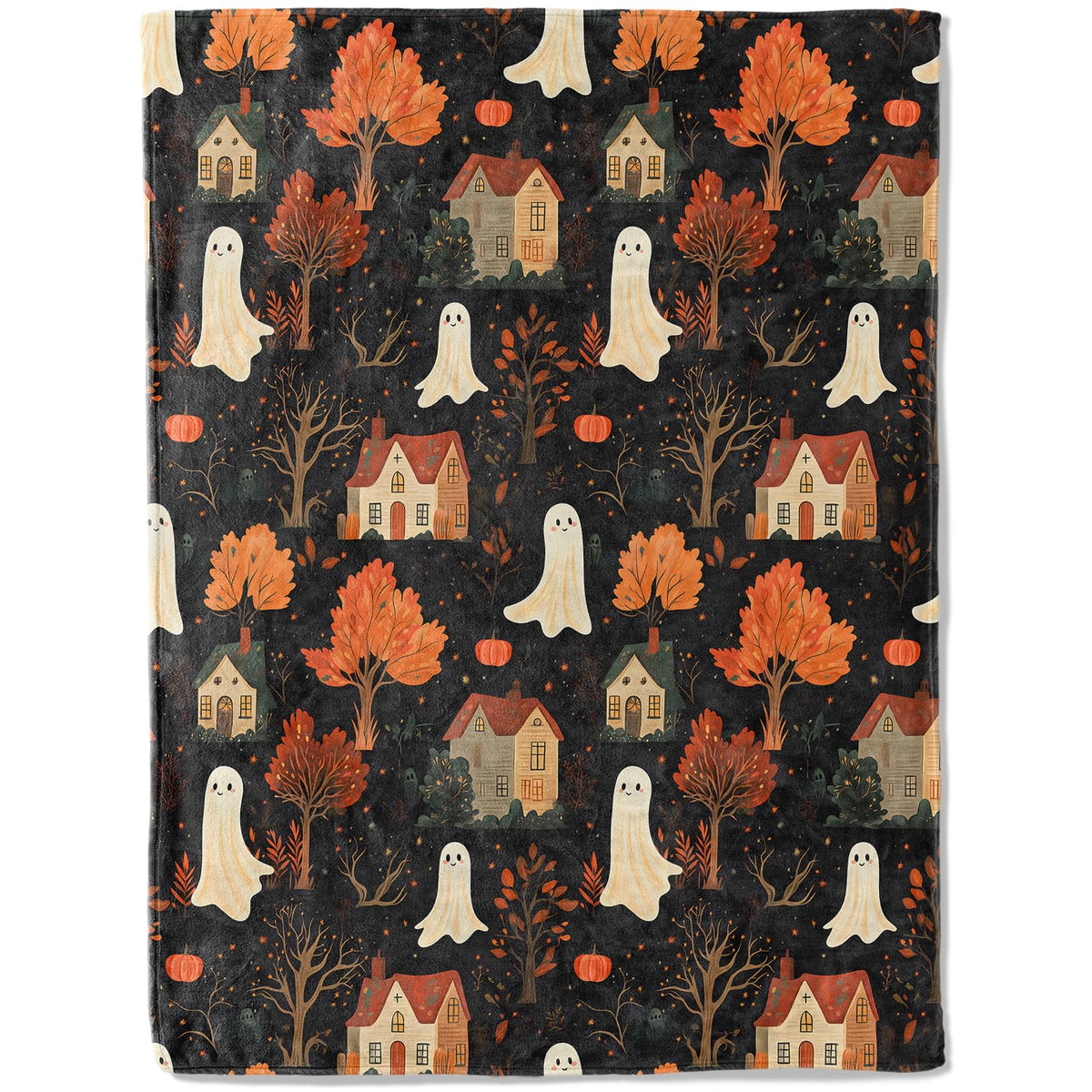 ainori Spooky Ghost Village Flannel Blanket - Cute with Autumn Trees, and Houses Throw - Soft Cozy Gifts Balnkets for Halloween Decor, Fall Lovers,Kids,Women,Festive Home Accents 50x60in