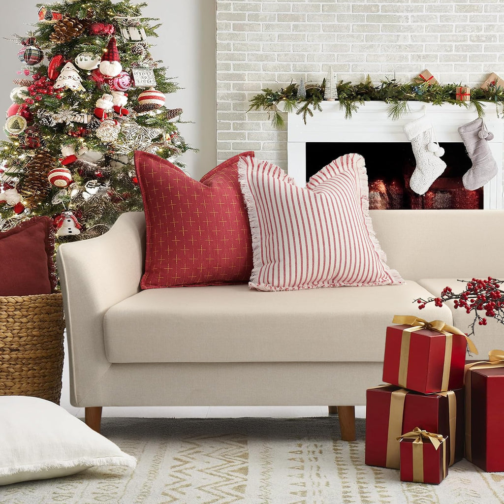ZWJD Christmas Pillow Covers 24x24 Set of 2 Soft Polyester Textured Red Pillows with Stylish Flange Edge Cozy Farmhouse Christmas Decor for Couch Bed Sofa Living Room (Red)