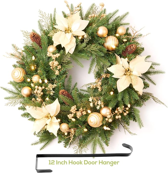Pre-lit Christmas Wreath with Lights, Pine Cones Gold Balls, Berries and Gold Flowers, 24 Inch 50 Battery Operated LED Lights, Holiday/Decoration/for Front Door/Outdoor