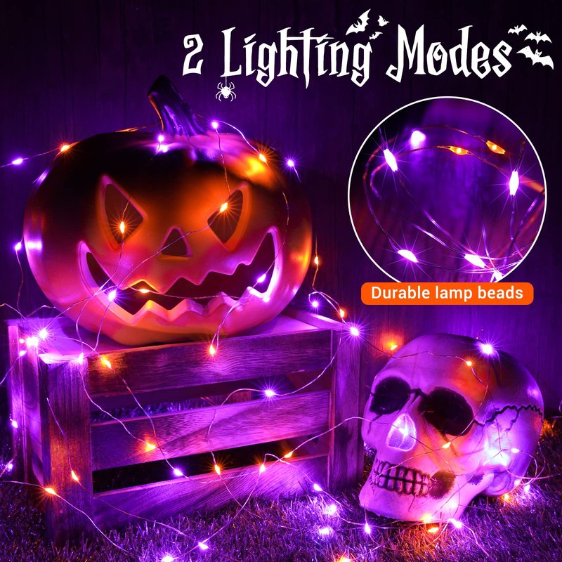 Joomer Orange Purple Battery Halloween Fairy Lights, 2 Pack 16.4FT 50LED 2 Modes Twinkle String Lights for Indoor Outdoor Halloween Decorations