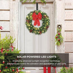 Solar Christmas Wreath 30 Inch Pre-Lit Solar 70 Led Artificial Wreath Outdoor Front Door Window Christmas Decor with Frosted Branches Pine Cones Berry Clusters Red Velvet Bows (3001)