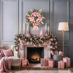 22inch Christmas Pink Wreath for Front Door with 25 LED Lights w/Timer,Elegant Magnolia Christmas Door Wreath,Lighted Festive Winter Decor,Pink Decorations for Wedding