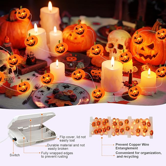 Halloween Pumpkin String Lights, 16 ft 50 LED Orange Battery Operated Lights for Lawns Garden Outdoor Holiday Party Decorations (1 Pack)