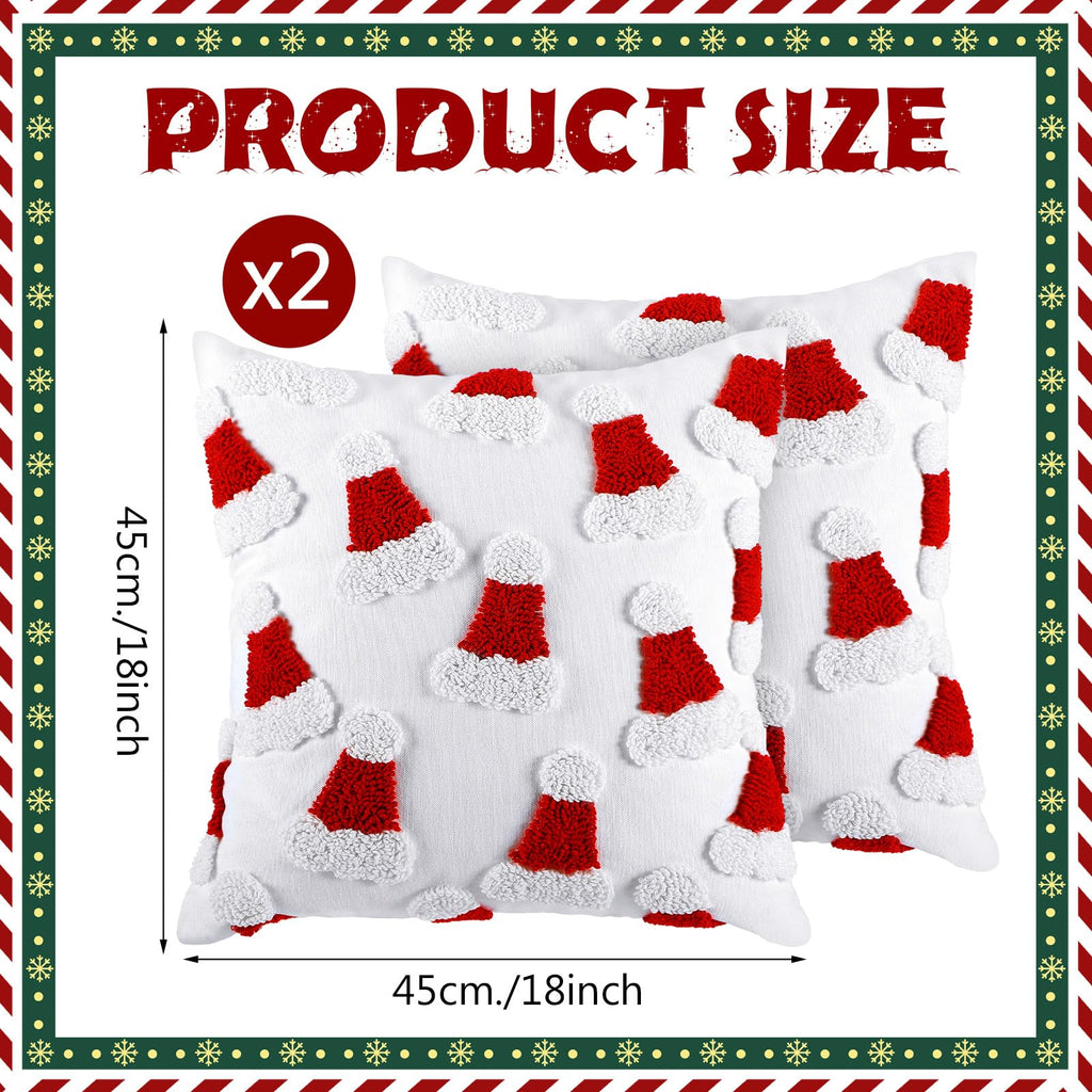 Mixweer 2 Pcs Tufted Christmas Throw Pillow Cover 18 x 18 Inch Santa Hat Pillow Covers 3D Xmas Pillows Case Decorative Soft Cushion Cover for Sofa Couch Bed Room