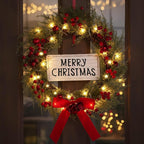Lighted Christmas Wreath for Front Door with Metal Hanger 16'' Artificial Norfolk Wreath with Velvet Bow LED Lights Jingle Bells Pinecone Berries Christmas Holiday Winter Decor(Red)
