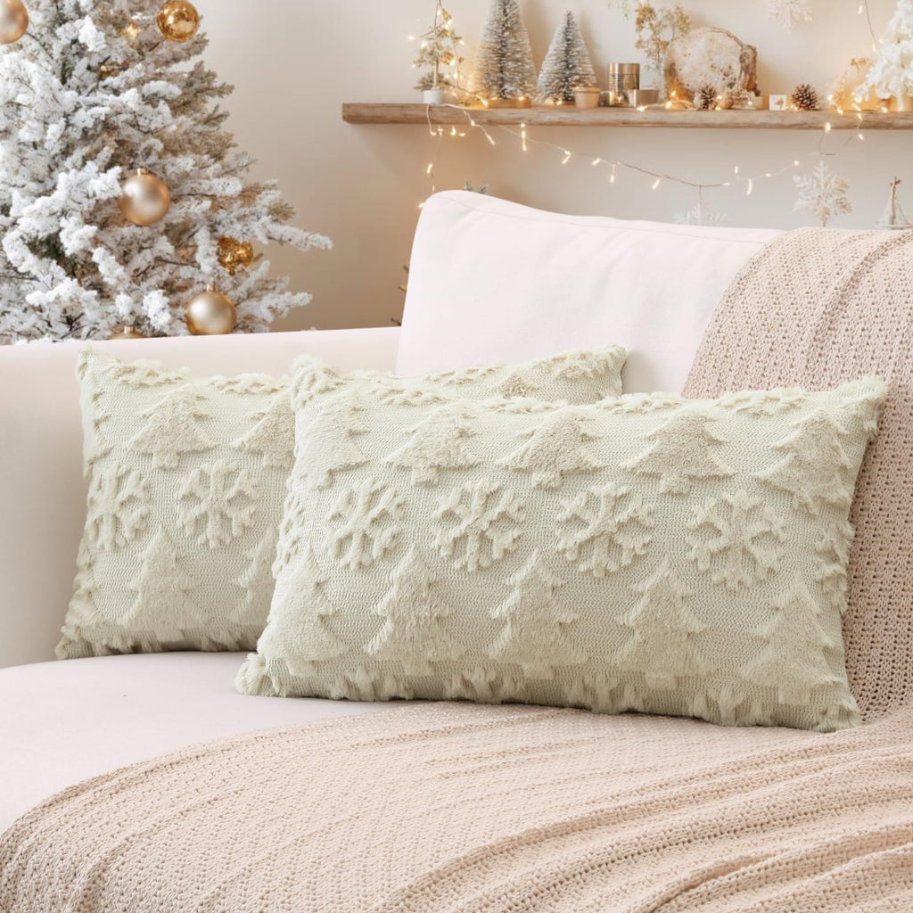 OTOSTAR Set of 2 Christmas Throw Pillow Covers 12x20 Inch, Soft Plush Faux Fur Christmas Tree Snowflake Winter Holiday Xmas Decorative Lumbar Cushion Cover Cases for Sofa Couch Bed Living Room, Beige