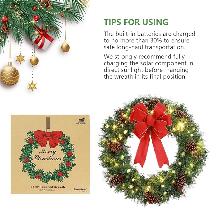 Solar Christmas Wreath 30 Inch Pre-Lit Solar 70 Led Artificial Wreath Outdoor Front Door Window Christmas Decor with Frosted Branches Pine Cones Berry Clusters Red Velvet Bows (3001)
