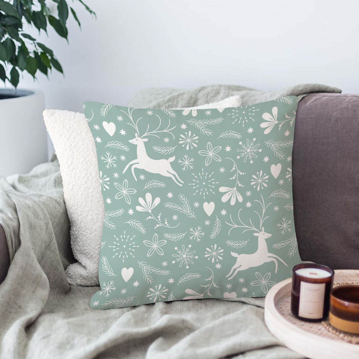 Jiaopenyou Throw Pillow Cover 20x20 Inch,Happy Christmas Tree Antlers Winter Snowflakes Throw Pillow Case,Home Decor Cushion Covers for Sofa Living Room Couch Bed