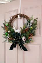 28" Lighted Christmas Wreath for Front Door, Handmade with Pinecones Ornaments Deer Bow, Christmas Wreath Decoration for Home Door Porch Wall Indoor Outdoor