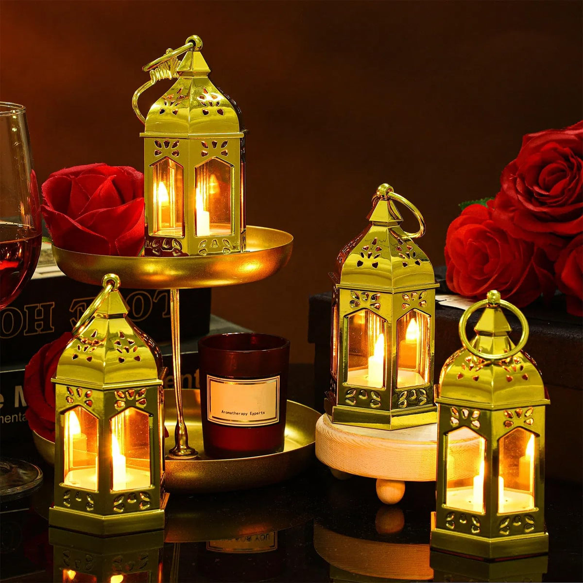 Hortsun 24 Pcs Mini Lantern Decorative with Flickering LED Candle Vintage Hanging Lanterns Battery Powered Light Wedding Diwali Halloween Christmas Centerpiece for Camping Garden Party Decor(Glitter)