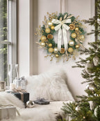 24 inch Christmas Door Wreath, Large Pine Wreaths for Front Door with Champagne Bow Golden Ball Glittered Leaf Spray Stems Pinecones for Fireplace Xmas Decorations, Wall Window Indoor Outdoor Decor