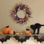 VioletEverGarden Halloween Wreaths for Front Door 22 Inch Skeleton Black Wreath Handmade Halloween Door Wreath with Purple and Orange Berries for Gothic Decorations