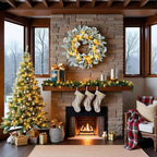 YULETIME 24" Christmas Wreath, Artificial Holiday Wreath with Baubles, Berries, Leaves, Spruce Branches, Snowy Pine Needles (Gold Bauble)