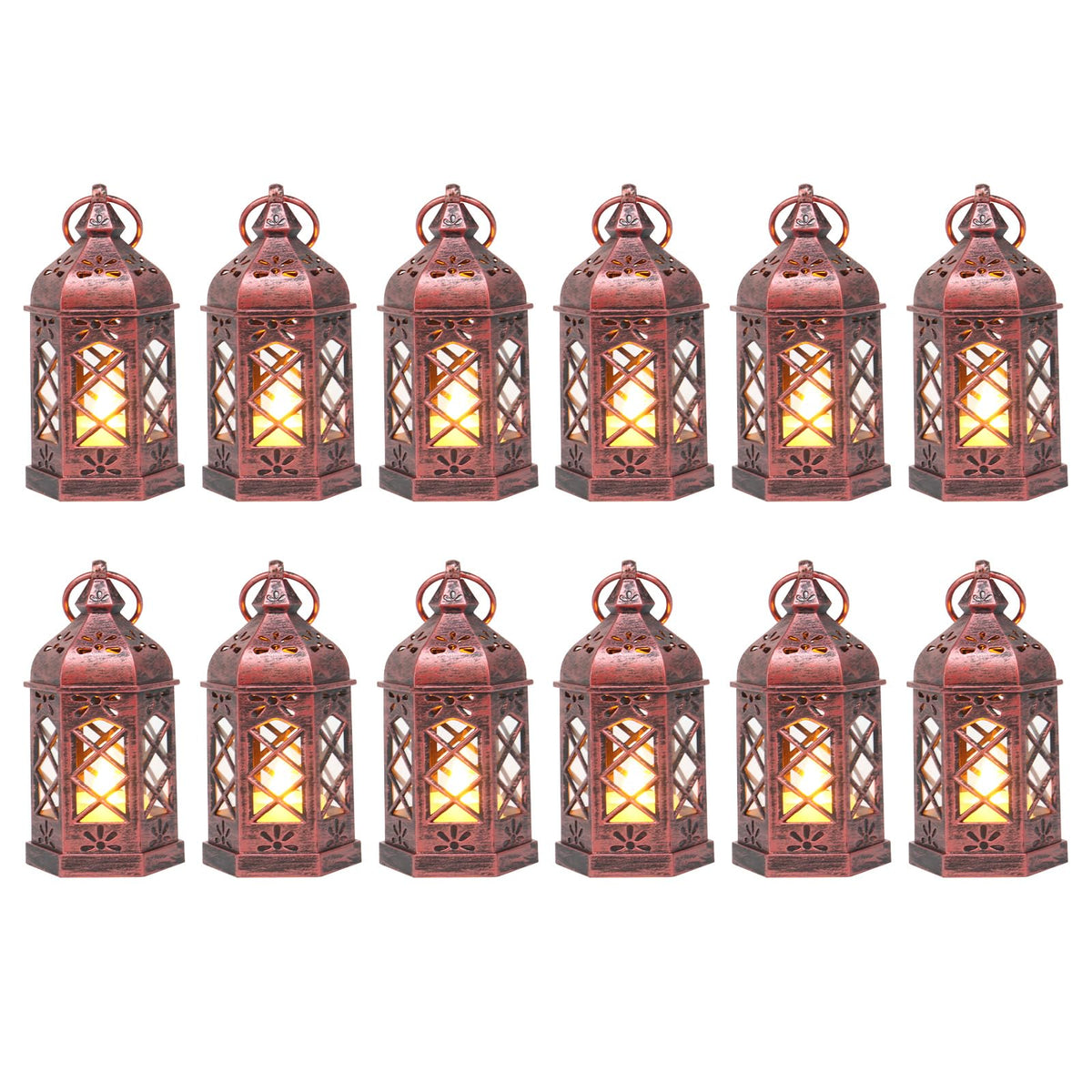 12PCS Mini Lantern with Flicker LED Candle for Halloween Decorations, Small Lanterns Decorative, Vintage Hanging Moroccan Lantern for Wedding Halloween Christmas Decor, Table Centerpiece, Rose Gold