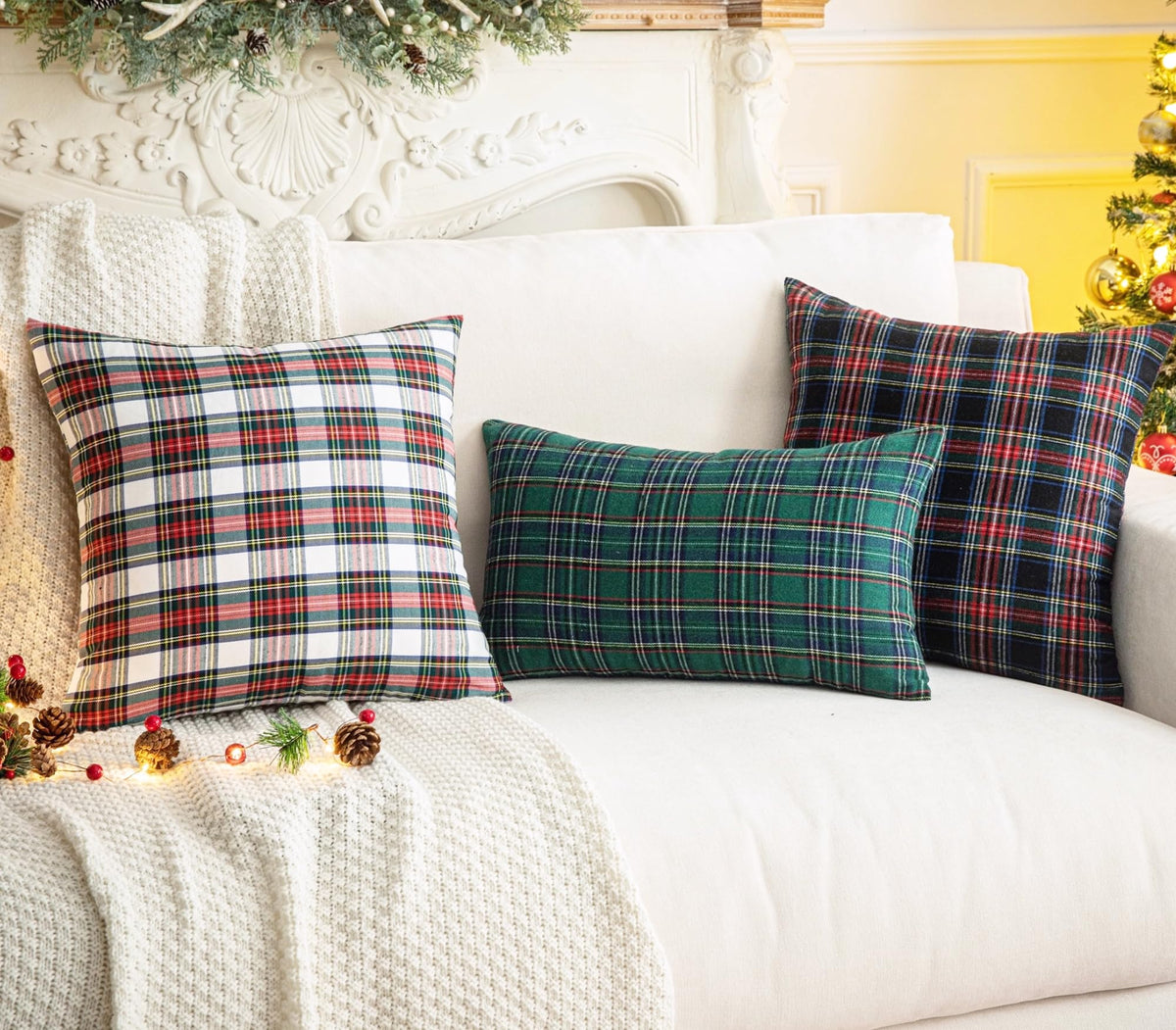 AQOTHES Pack of 2 Christmas Plaid Decorative Throw Pillow Covers Scottish Tartan Cushion Case for Farmhouse Home Holiday Decor Red and White, 24 x 24 Inches