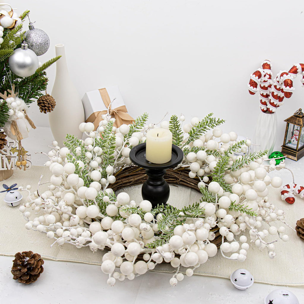 Yawwind 20 Inches White Christmas Wreath Farmhouse Winter Wreath Rustic Winter Wreaths for Front Door with White Berry Fir Pine Needle for Doors Window Indoors Porches Outside