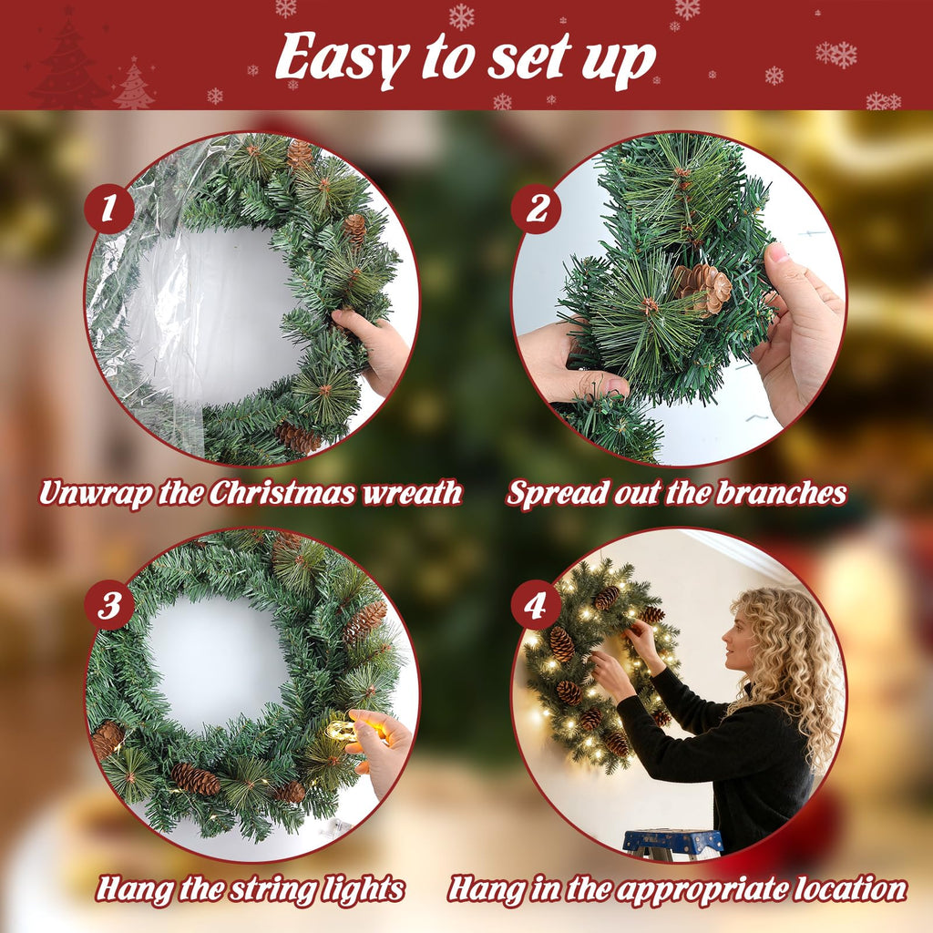 FR Artificial Pre-Lit Fir Christmas Wreath Holiday Accent Decoration, Wintry Pine, Decorated with Pine Cones, with LED Lights Battery Operated for Door, Mantel - 16 Inch