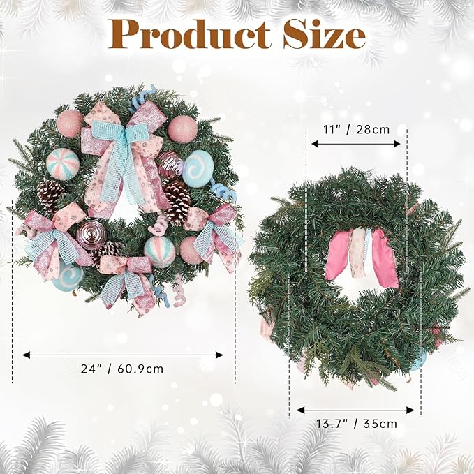 24 inch Pastel Christmas Door Wreath, Candy Cane Pine Wreaths for Front Door with Pink and Blue Ball Pinecones Berries for Fireplace Xmas Decorations, Wall Party Staircase Indoor Outdoor Holiday Decor