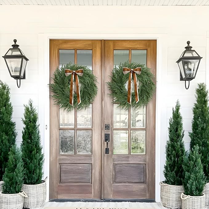 Christmas Decorations -24 Inch Christmas Wreath, Norfolk Pine Wreath, Christmas Wreaths for Front Door, Christmas Door Wreath with Bow Ribbon for Home Table Wall Window Indoor Outdoor