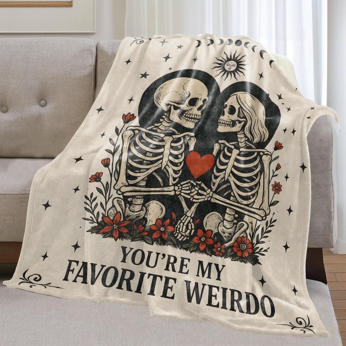 olpddz Gothic Skeleton Flannel Blanket Gifts for Couple,60x50inch,Goth Romance Design Throw Blankets with Vintage Skull Love Design,for Bedroom,Living Room,Camping,Valentine,Halloween Decor Throws