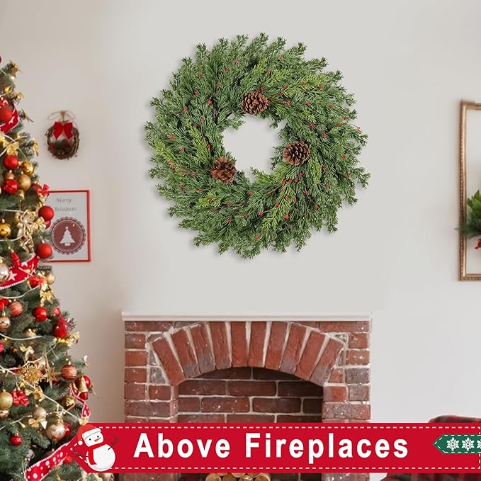 2PC Real Touch Pine Christmas Wreath 24 Inch Christmas Wreaths for Front Door Winter Wreath Artificial Green Wreaths Outdoor Christmas Decorations Indoor Outside Window Home Holiday Thanksgiving