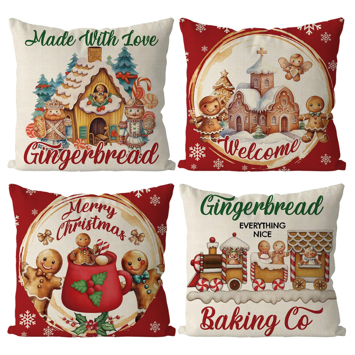 GAGEC Christmas Pillow Covers 16x16 Inch Vintage Gingerbread Red Throw Pillow Covers Christmas Xmas Winter Pillowcase Home Decor Living Room House Decorative Cushion Case for Sofa Couch
