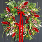 Christmas Wreath with Lights,Outdoor Pre-lit Christmas Wreaths for Front Door-24 Inch Xmas Door Wreath with Pine Needles Pine Cones and Red Berries- Farmhouse Home Christmas Decorations