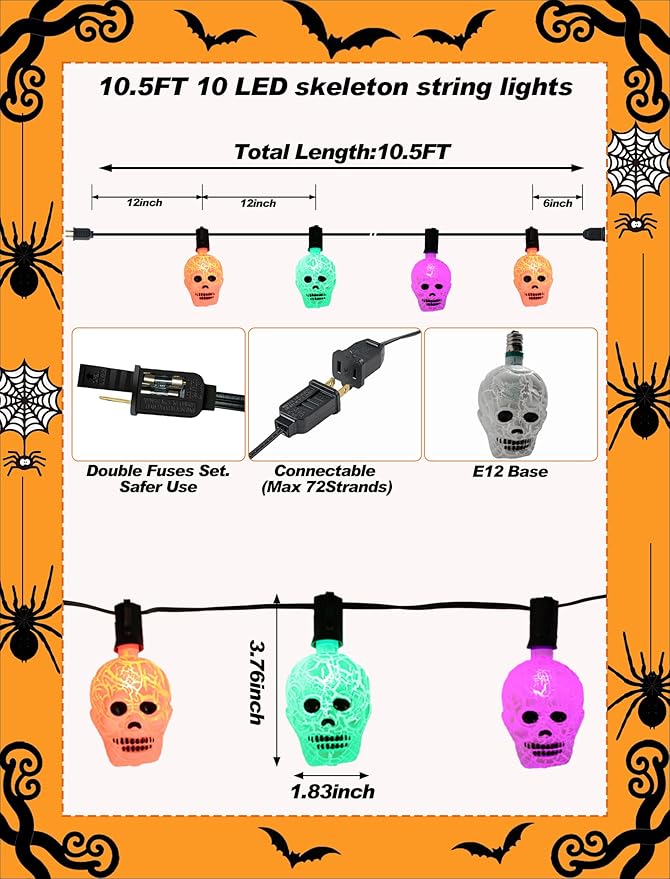 10.5ft Halloween Skull Lights Plug In, UL Certified Connectable String Lights for Outdoor Indoor Halloween Decor, Waterproof Spooky Decorations with Spare Bulb & Clips for Yard, Party, Porch