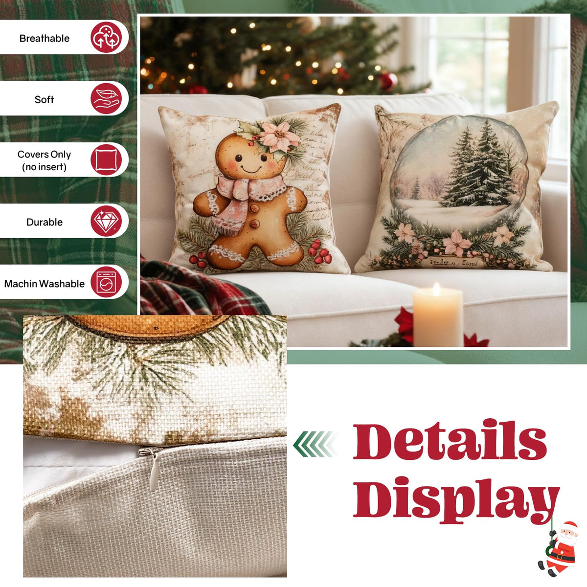 Christmas Throw Pillow Covers 20x20 Inch Set of 4, Vintage Winter Holiday Snow Globe Gingerbread Xmas Trees Snowman Decorative for Couch Sofa Living Room