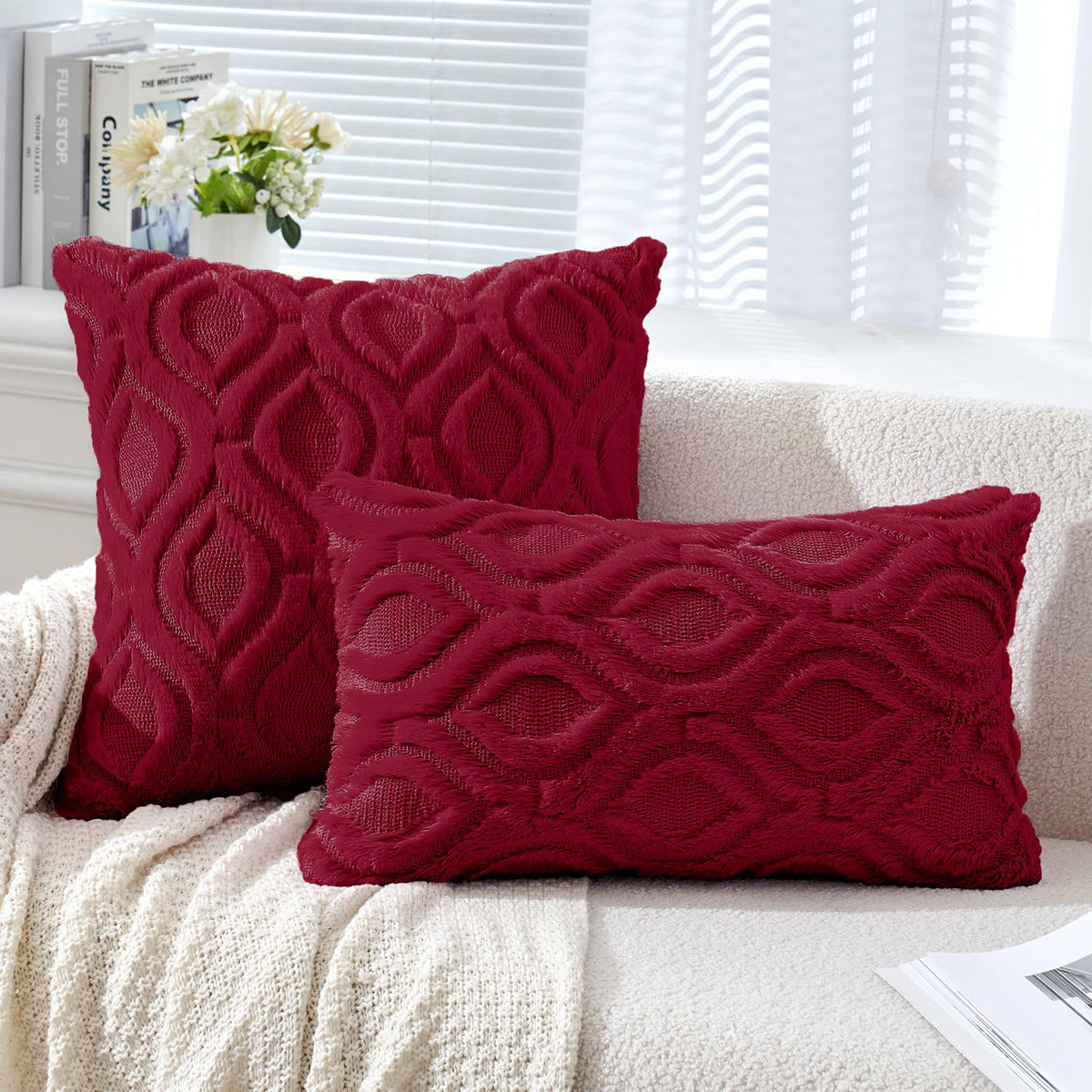 MIULEE Christmas Wine Red Throw Pillow Covers 12x20 Inch, Soft Winter Plush Faux Wool Couch Pillow Covers Set of 2 Decorative Farmhouse Boho Throw Pillows for Sofa Living Room Bed
