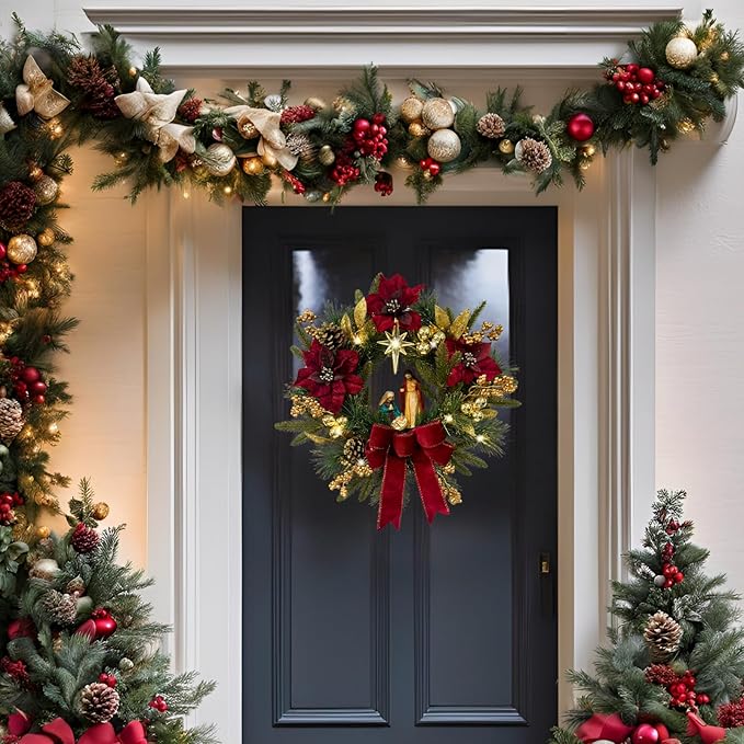 22 Inch Pre-Lit Artificial Christmas Wreath with Red Artificial Poinsettia Flowers Jesus Figurine Nativity Scene Glitter Ball Ornaments PineCones Golden Berries for Christmas Decor Front Door