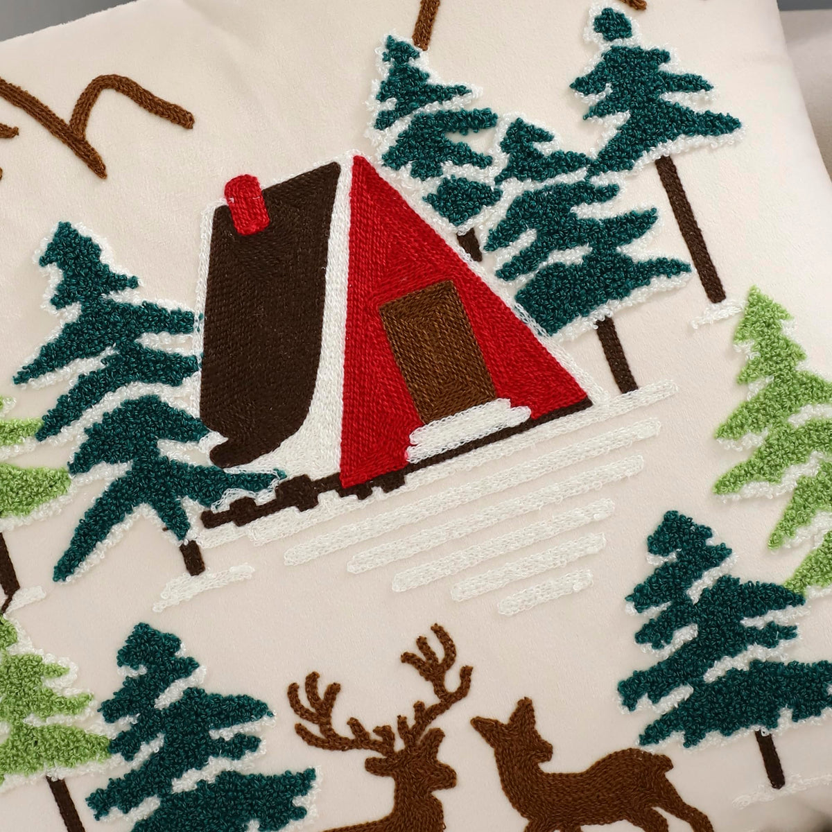LUOYEHK Christmas Pillow Covers 18x18 Set of 2 House and Deer Decorative Beige Pillow Cases Winter Holiday Velvet Embroidered Cushion Covers for Couch Sofa Bed