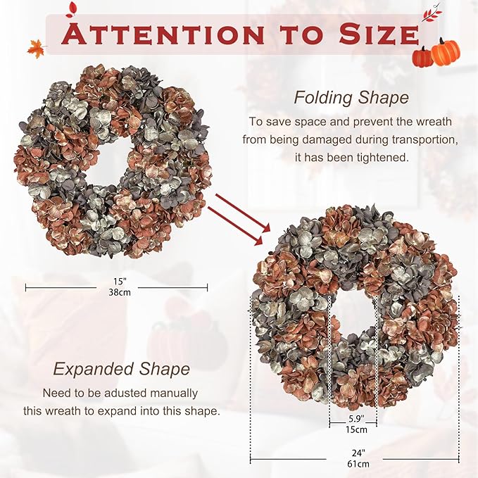Fall Wreaths for Front Door, 24 inch Fall Hydrangea Wreaths for Front Door Outside Large Artificial Autumn Floral Wreath for Thanksgiving Harvest Christmas Wall Mantel Porch Indoor Outdoor Decor