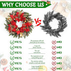 Christmas Wreaths for Front Door,Winter Wreaths for Indoor and Outdoor Christmas Decorations,Christmas Door Wreath with Red Christmas Flowers and Golden Ball,Pine Cones for Christmas Decor