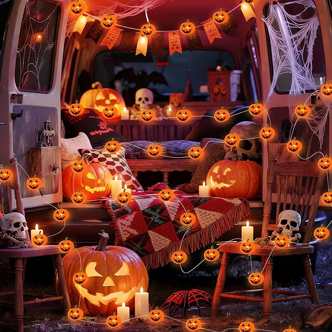 Halloween Pumpkin String Lights, 16 ft 50 LED Orange Battery Operated Lights for Lawns Garden Outdoor Holiday Party Decorations (1 Pack)