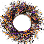 VioletEverGarden Halloween Wreaths for Front Door 22 Inch Skeleton Black Wreath Handmade Halloween Door Wreath with Purple and Orange Berries for Gothic Decorations
