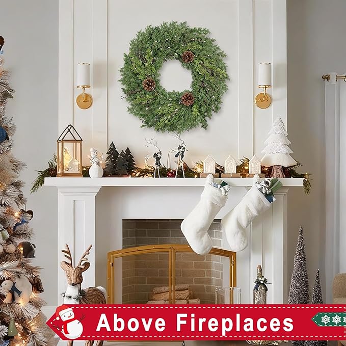 24 Inch Real Touch Lush Christmas Wreaths for Front Door with White Berries/Pine Cone Outdoor Christmas Decorations Winter Wreath Cypress Wreath for Windows Indoor Outside Xmas Home Decor Holiday