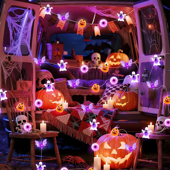 Halloween String Lights, 16 ft 50 LED Pumpkin Bat Eyes Ghost Battery Operated Lights for Lawns Garden Outdoor Holiday Party Halloween Decorations (2 Pack)