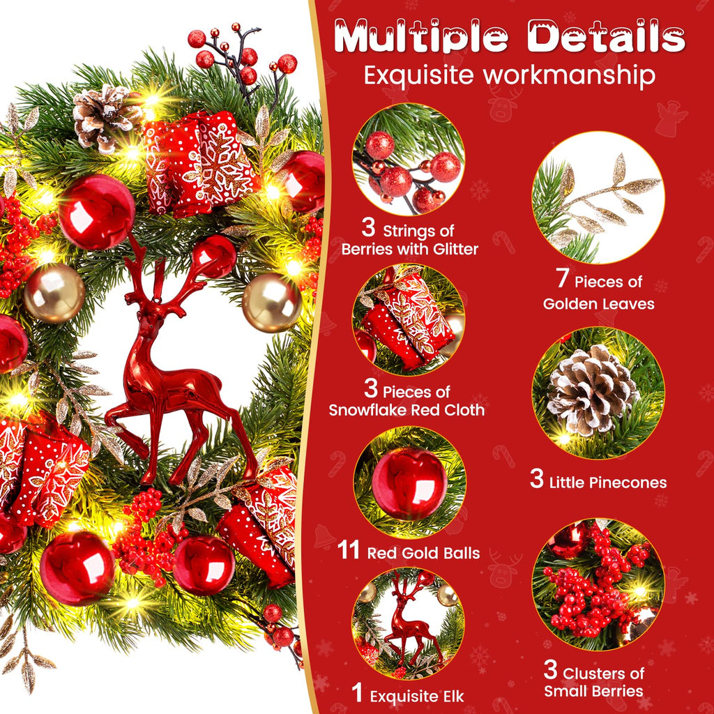 Quntis Lighted Christmas Wreath Front Door - 16'' Reindeer Winter Wreath with 8 Modes Timer, Red Gold Balls, Snowflakes, Pine Cones, Berries for Indoor Outdoor Holiday Windows Fireplace Mantel Porch