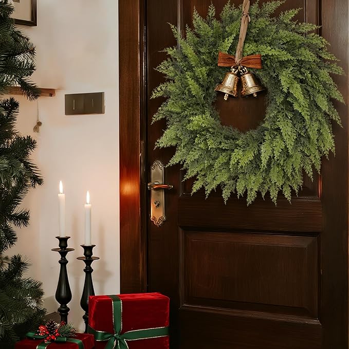 24" Real Touch Christmas Cedar Wreath - Artificial Cedar Wreaths Faux Green Fake Pine Needles Wreath for Front Door, Wall, Windows, Home,Outdoor,Xmas Decor