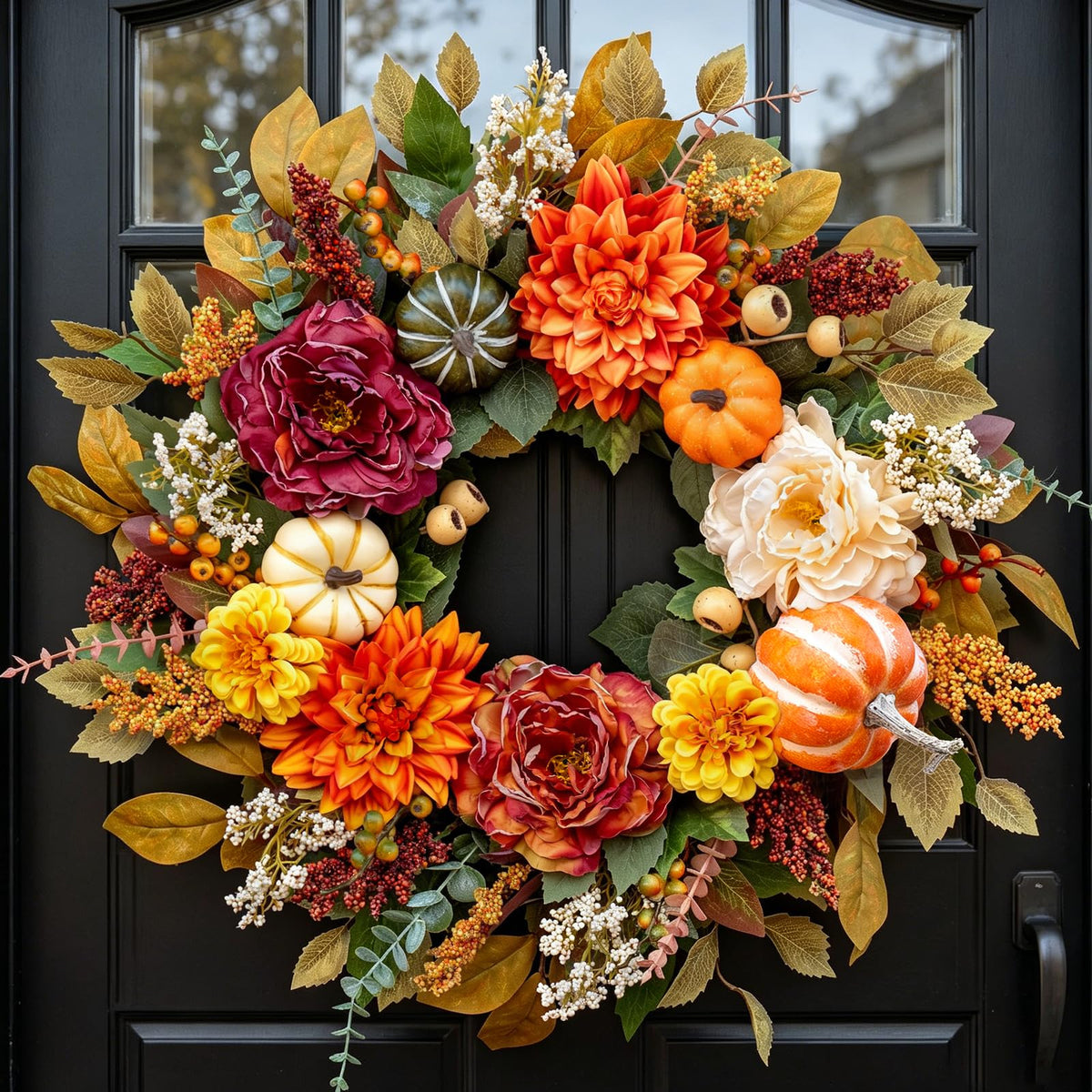 Fall Wreaths for Front Door 24 Inch Beautiful Fall Wreath with Pumpkins, Artificial Flowers & Leaves Harvest and Thanksgiving Pumpkin Fall Door Wreath for Indoor & Outdoor Autumn Decor
