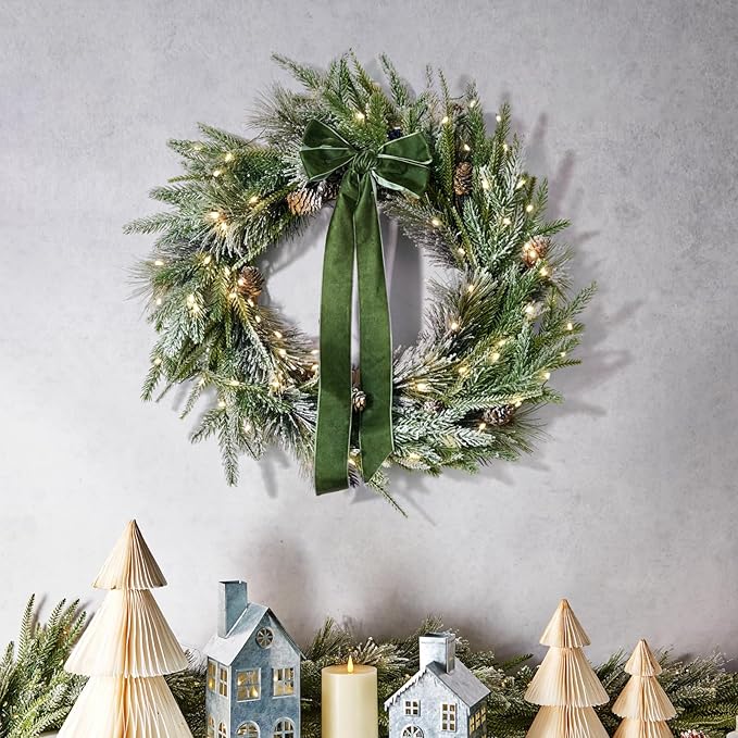 LampLust Cypress Christmas Wreath with Lights, 22 Inch Wreath with 100 Battery Operated LED Lights and Velvet Bow, Winter Wreaths for Front Door Christmas Decorations Holiday Decor