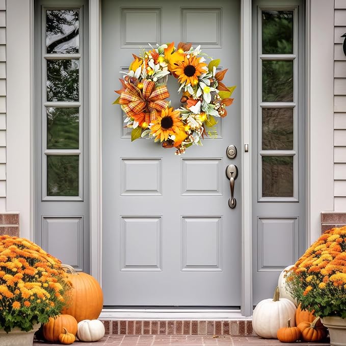 Fall Wreaths for Front Door,Sunflower Autumn Wreath with Lights,Pumpkins and Bows,for Thanksgiving Halloween Farmhouse Indoor Outdoor Outside (Yellow Sunflower)