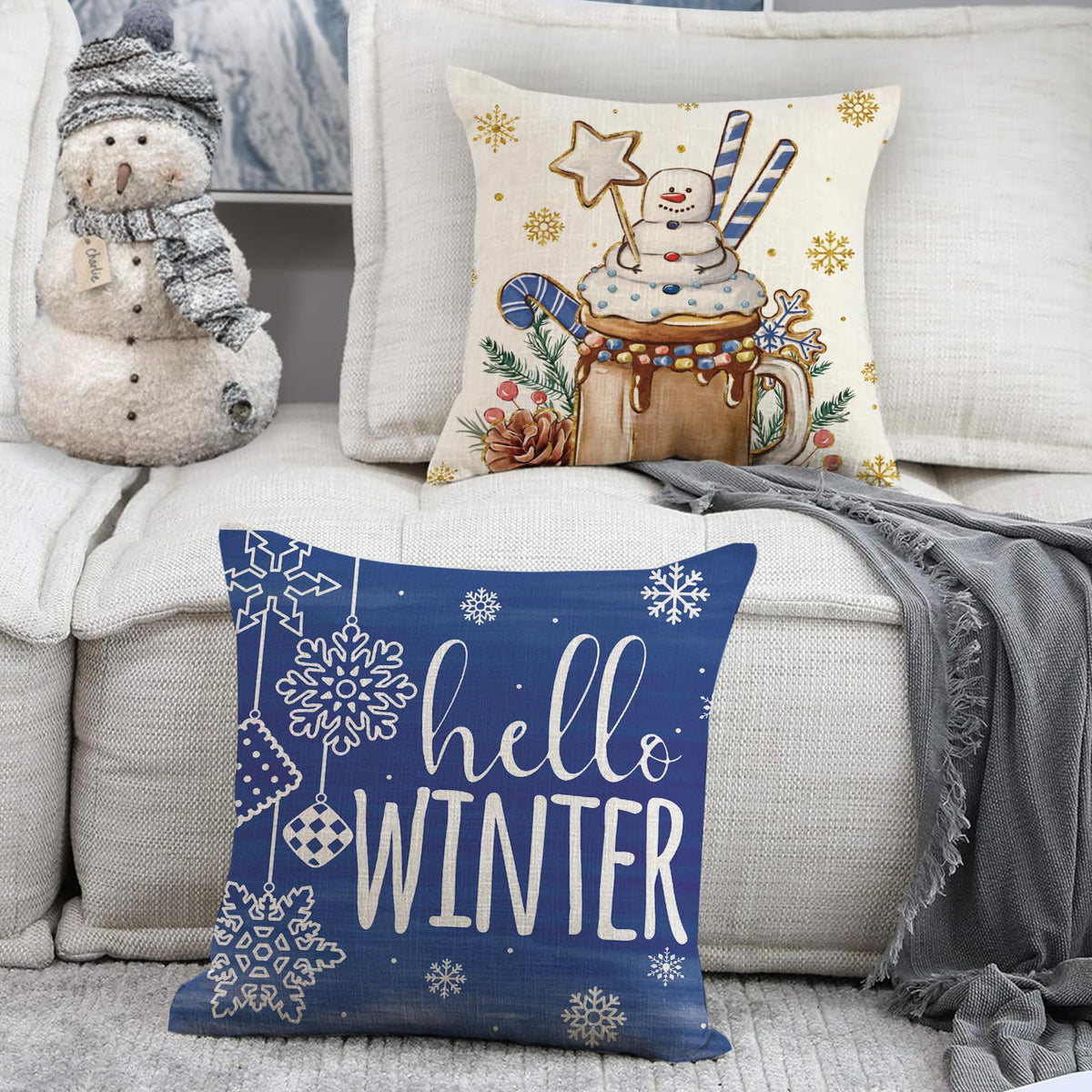Fjfz Hello Winter Dark Blue Decorative Throw Pillow Covers 18 x 18 Set of 4, Christmas Get Cozy Hot Cocoa Gingerbread Man Porch Outdoor Home Decor, Snowflakes Snowman Seasonal Couch Cushion Case